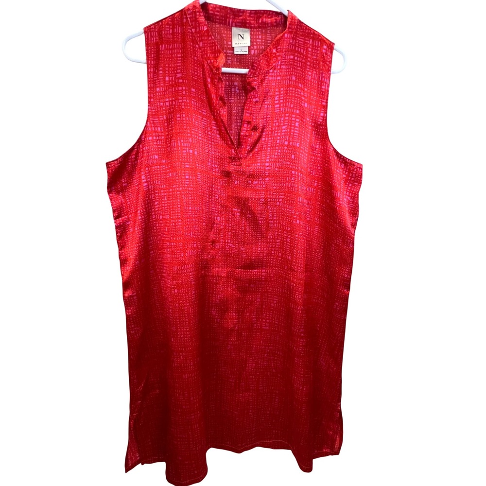 Natori Womens Red‎ Pink Geometric Satin Sleeveless Tunic Dress L Chic Relaxwear